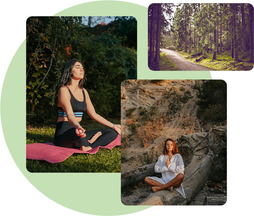 A collage of women sitting in yoga positions.