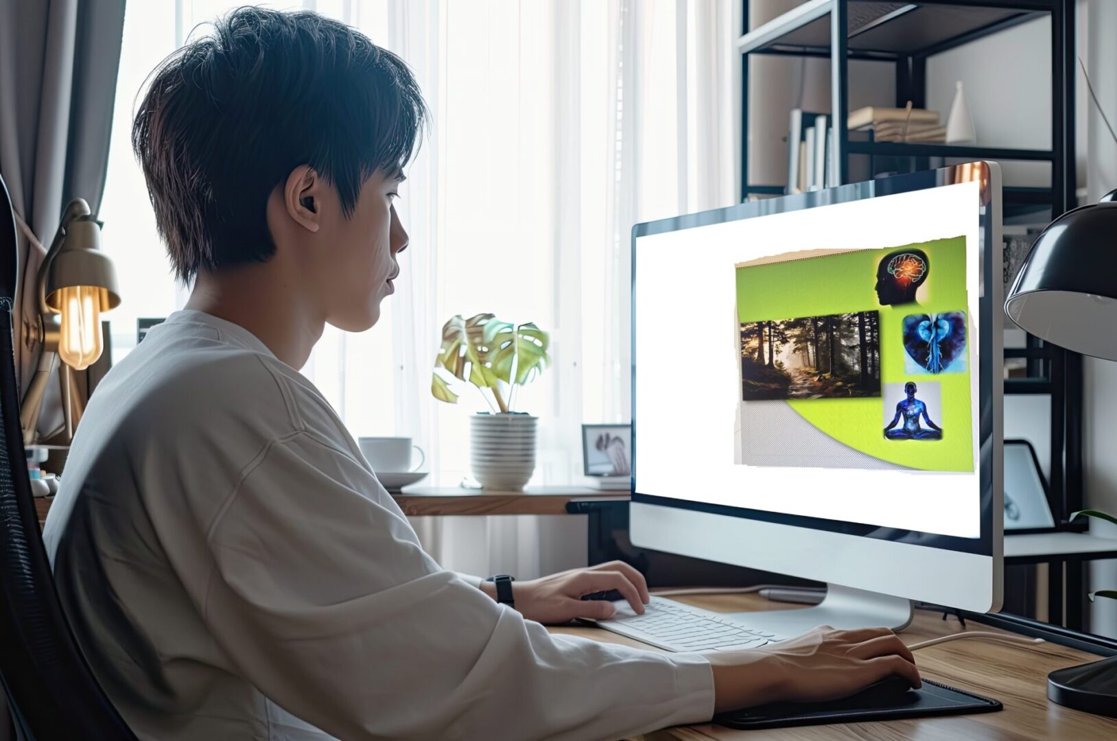 Side view of young man concentrate working online on computer while sitting at modern home office, blank white screen mockup, high detail, 8k --ar 3:2 Job ID: 4cdd39c5-573b-4fa0-bb3d-b0ca3e7ae851